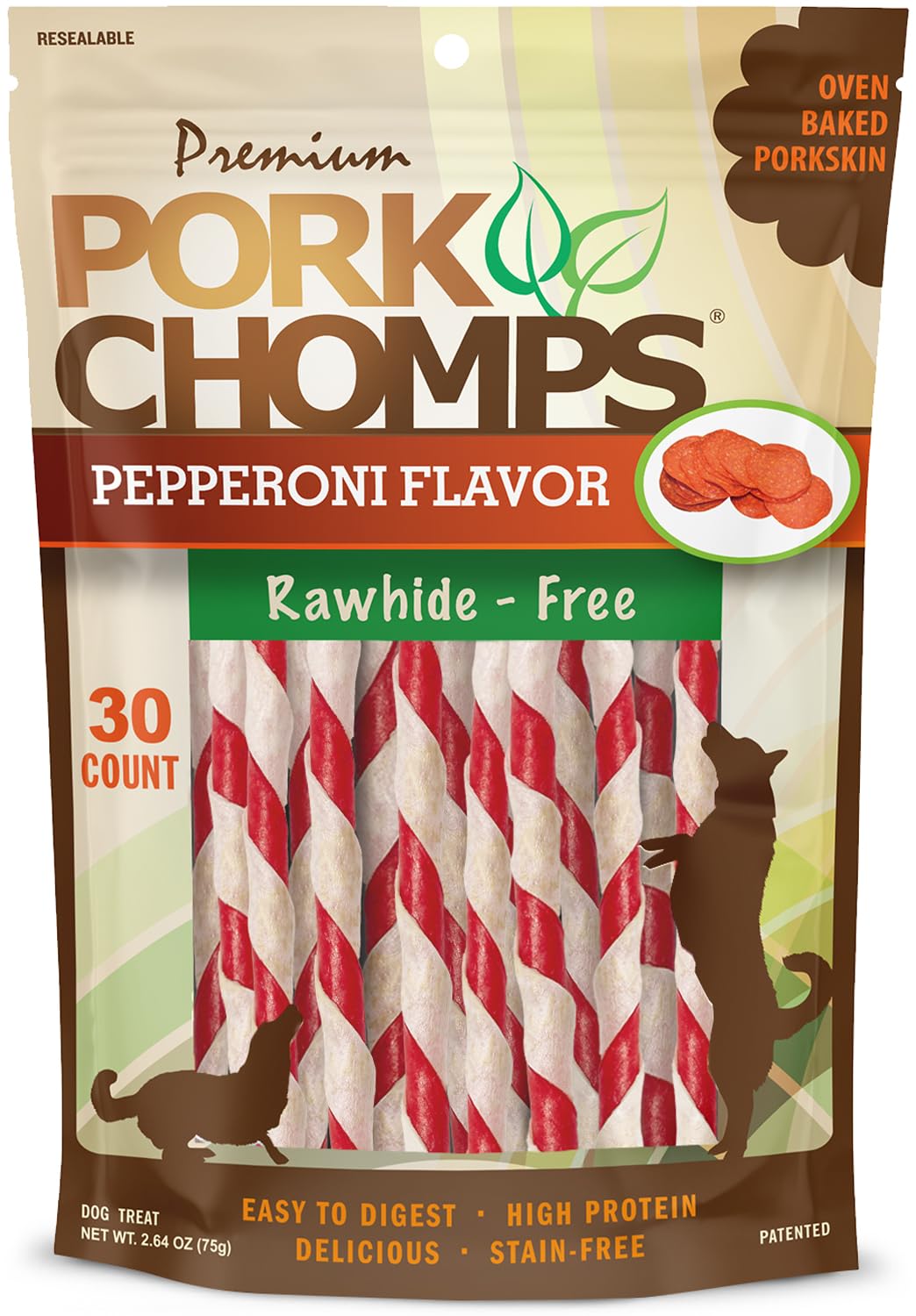 Pork Chomps, piel de cerdo horneada, twists de 5 pulgadas con pepperoni para masticación duradera