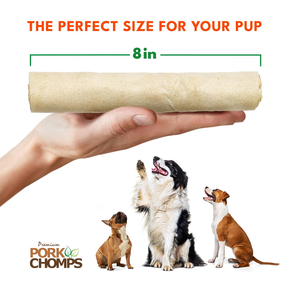 Pork Chomps piel de cerdo horneada con textura masticable para perros.