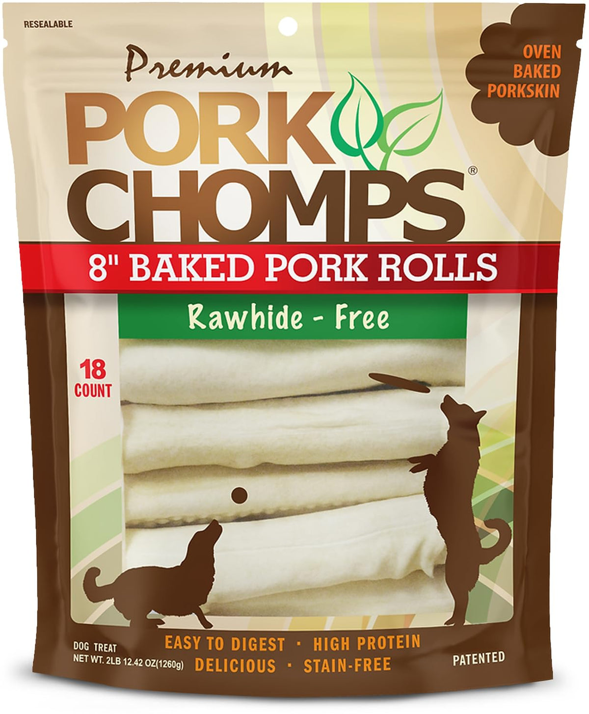 Pork Chomps rollos de piel de cerdo de 8 pulgadas para masticar.