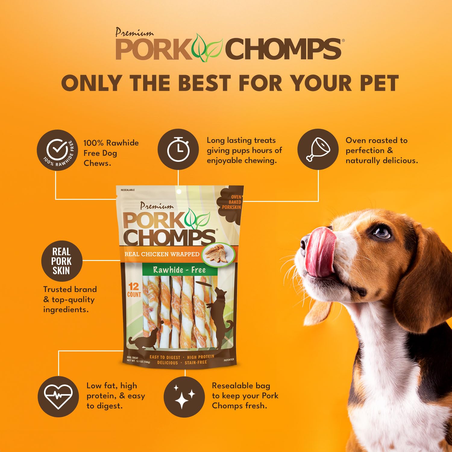 Pork Chomps textura firme ayuda a mantener a tu perro entretenido durante la masticación.