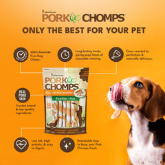 Pork Chomps textura firme ayuda a mantener a tu perro entretenido durante la masticación.
