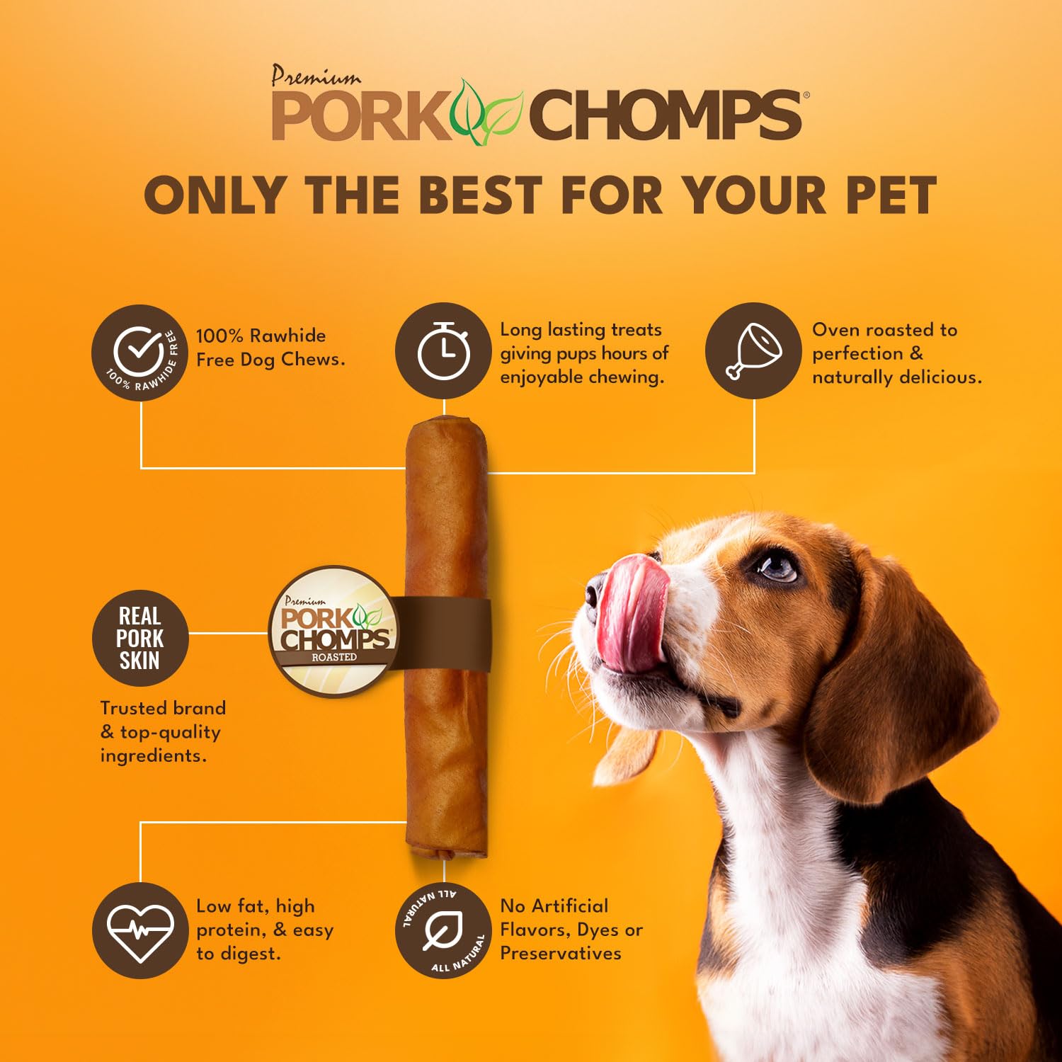 Pork Chomps Textura firme favorece masticación prolongada y enfocada