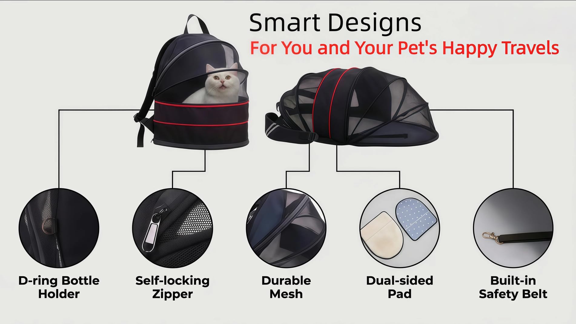 Portador mochila perro bolsillo externo, espacio para accesorios.