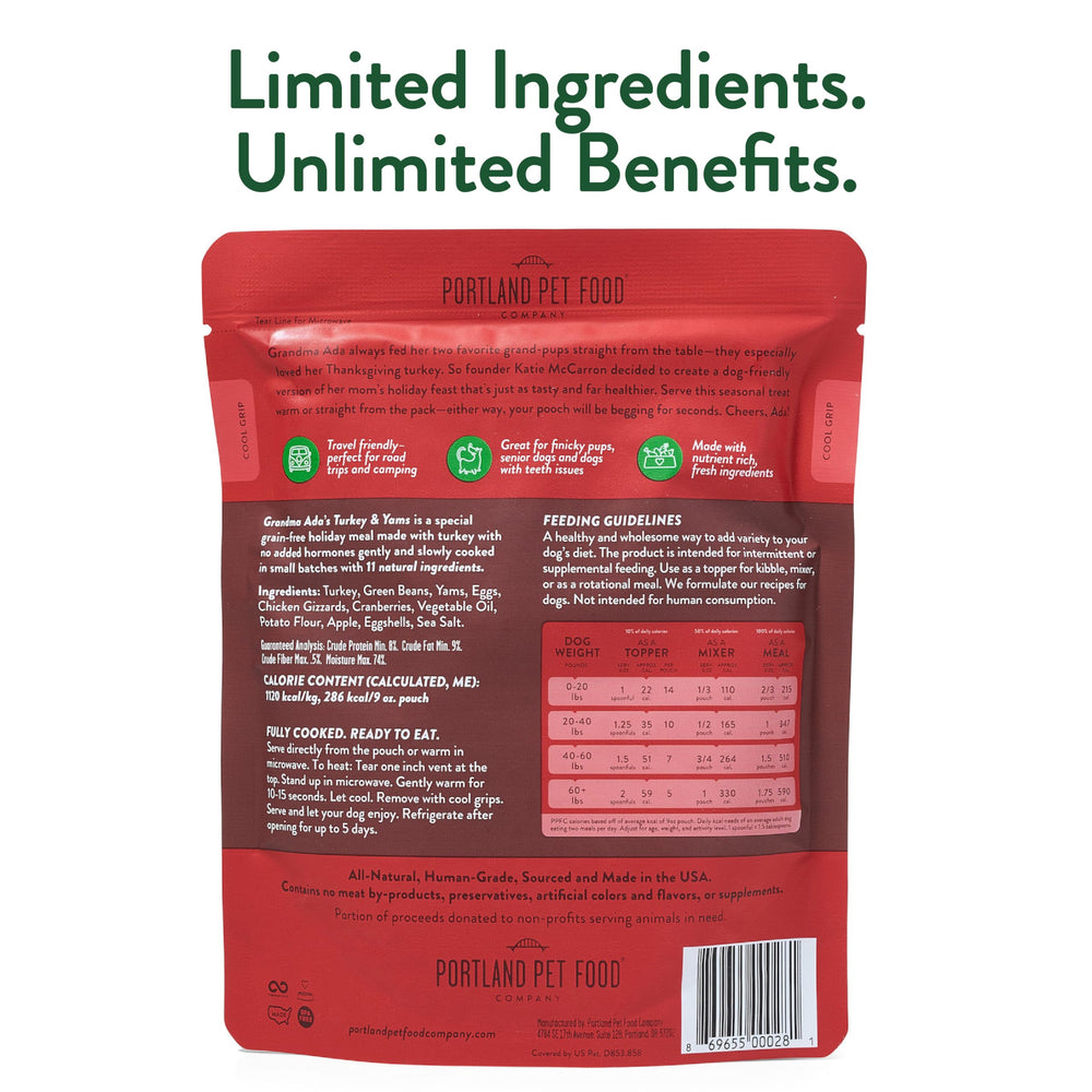 Portland Pet Food Pouches, apto para cachorros y perros mayores.
