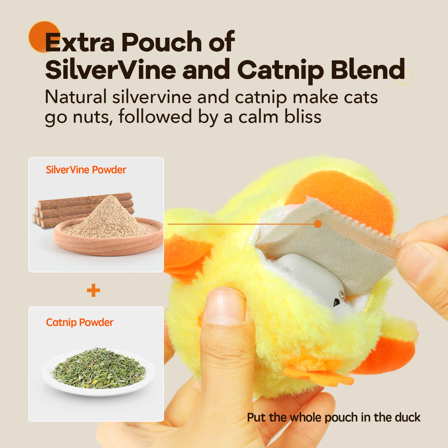 Potaroma pato con bolsita SilverVine y hierba gatera para despertar juego.