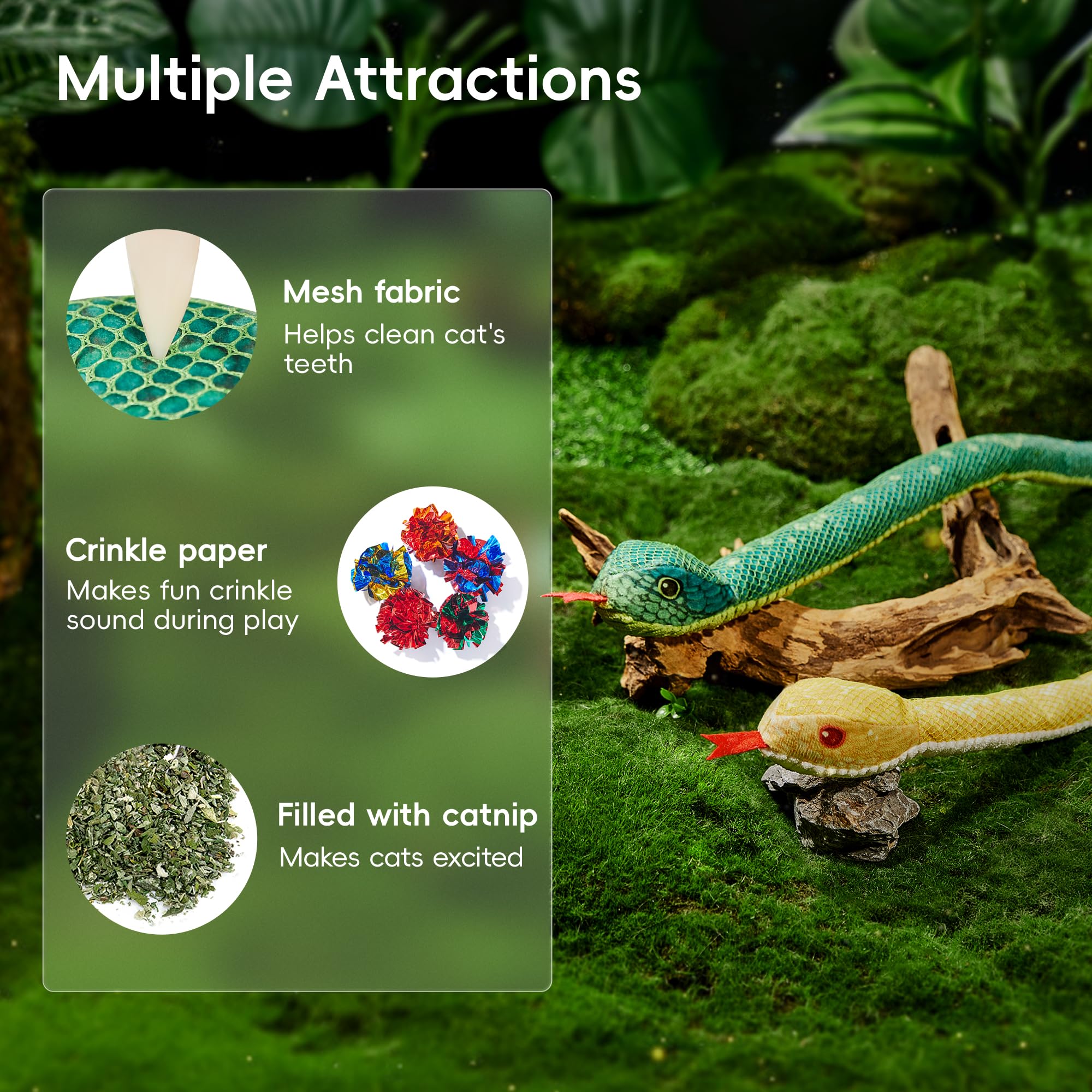 Potaroma serpiente juguete con hierba gatera: exploración olfativa y juego activo.