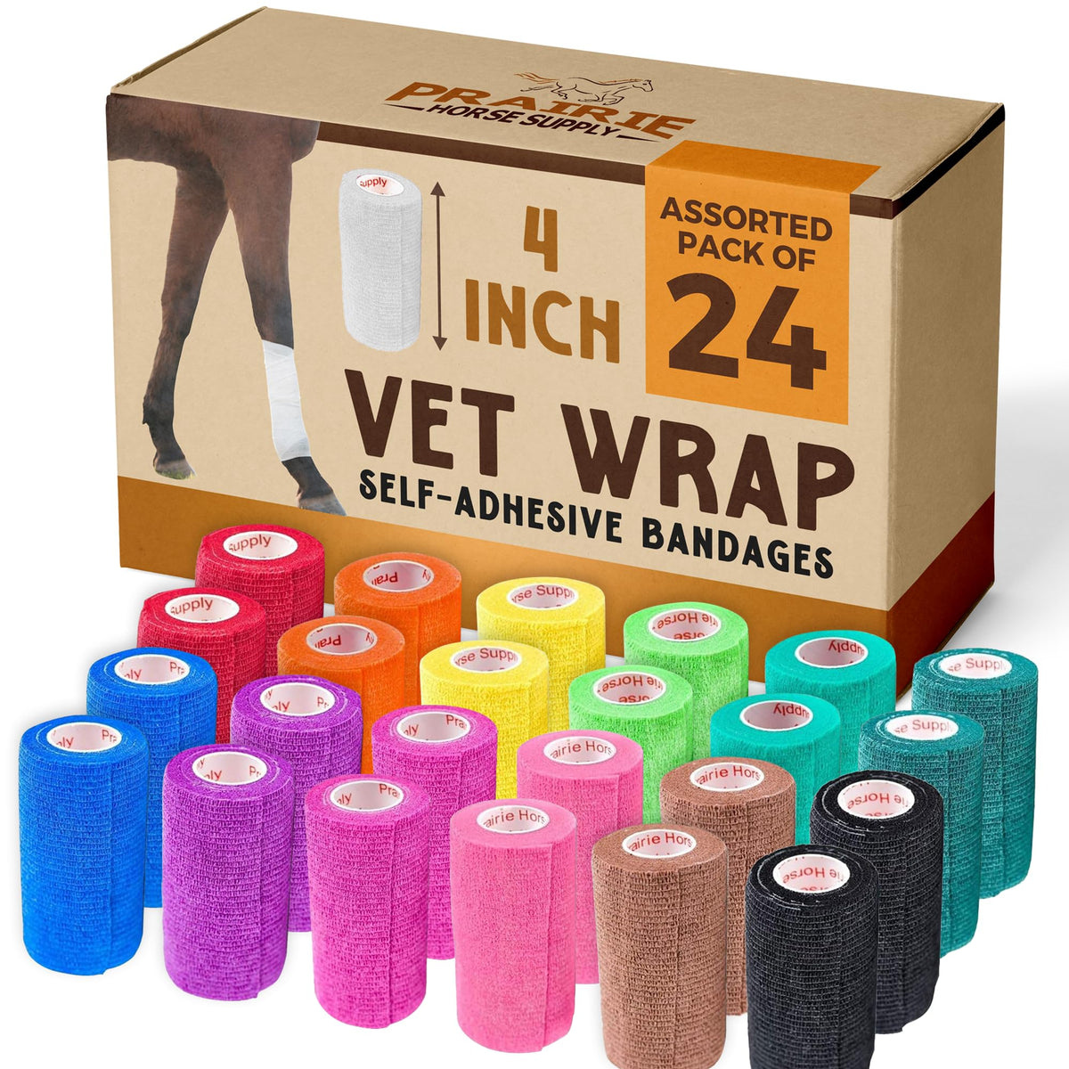 Prairie Horse Supply banda de vendaje en uso en perro, ofrece sujeción segura y suave.