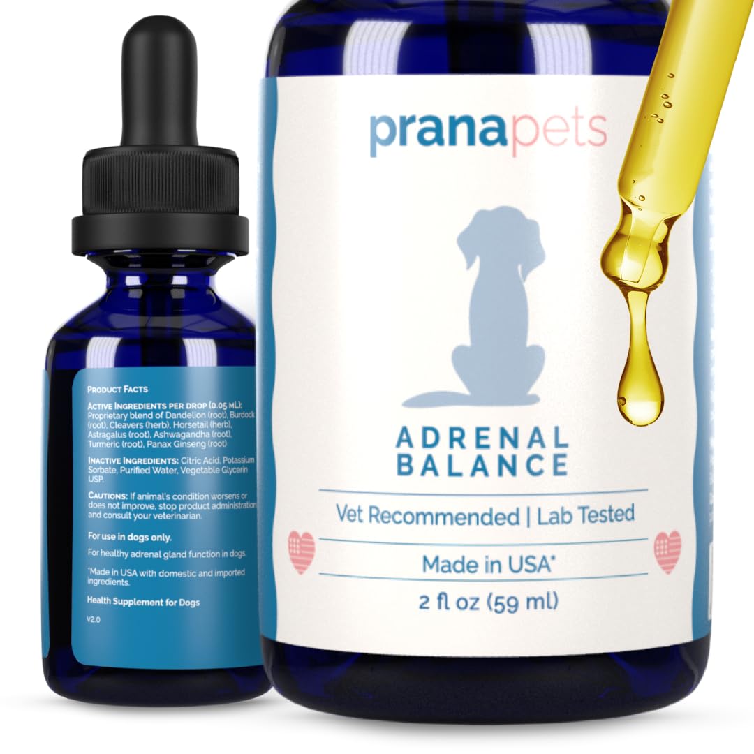 PranaPets Adrenal Balance, gotas — administración diaria para apoyar el equilibrio hormonal.