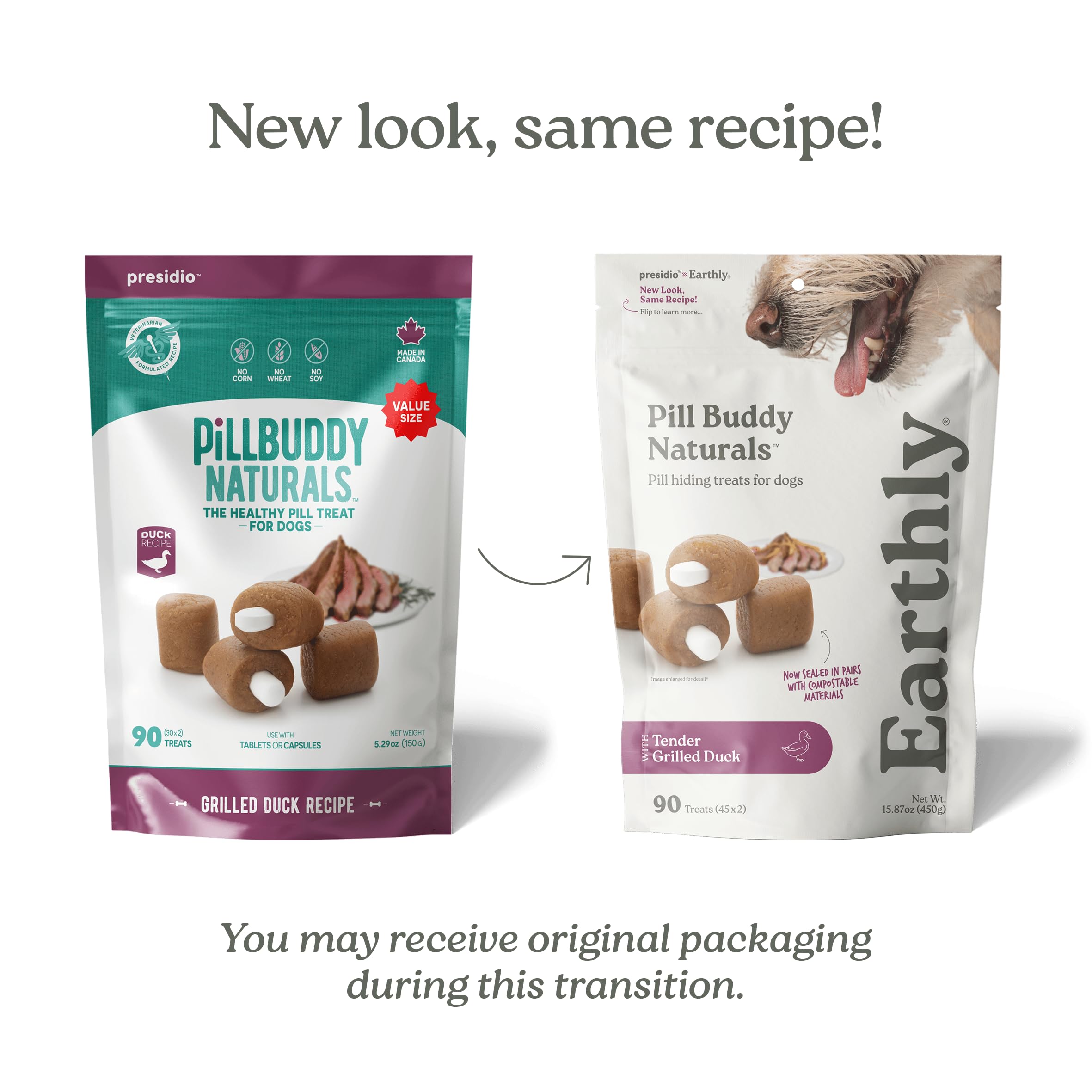 Presidio Earthly Pill Buddy con pato y sin pollo para perros sensibles.