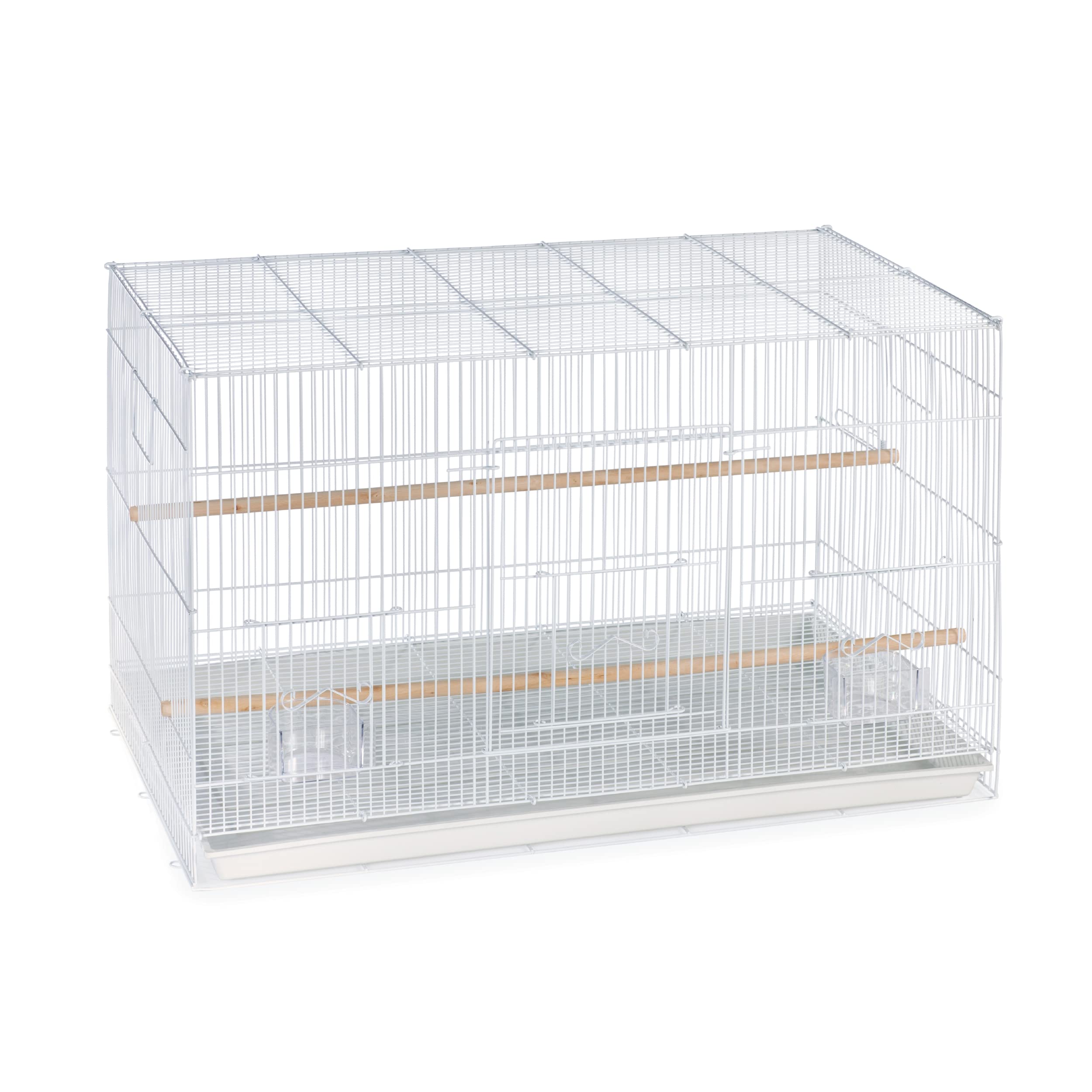 Jaula voladora Prevue blanca, vista frontal, ideal para ejercicio diario de aves pequeñas.