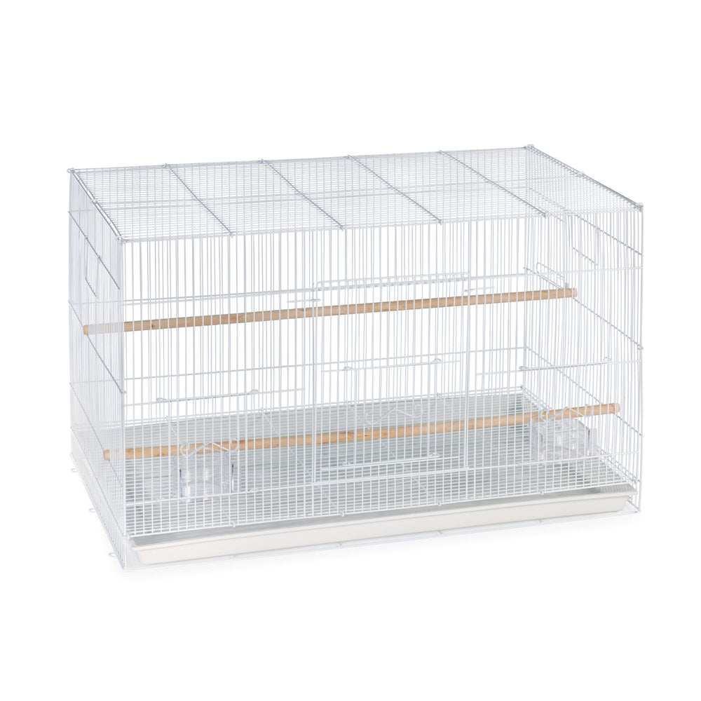 Jaula voladora Prevue blanca, vista frontal, ideal para ejercicio diario de aves pequeñas.