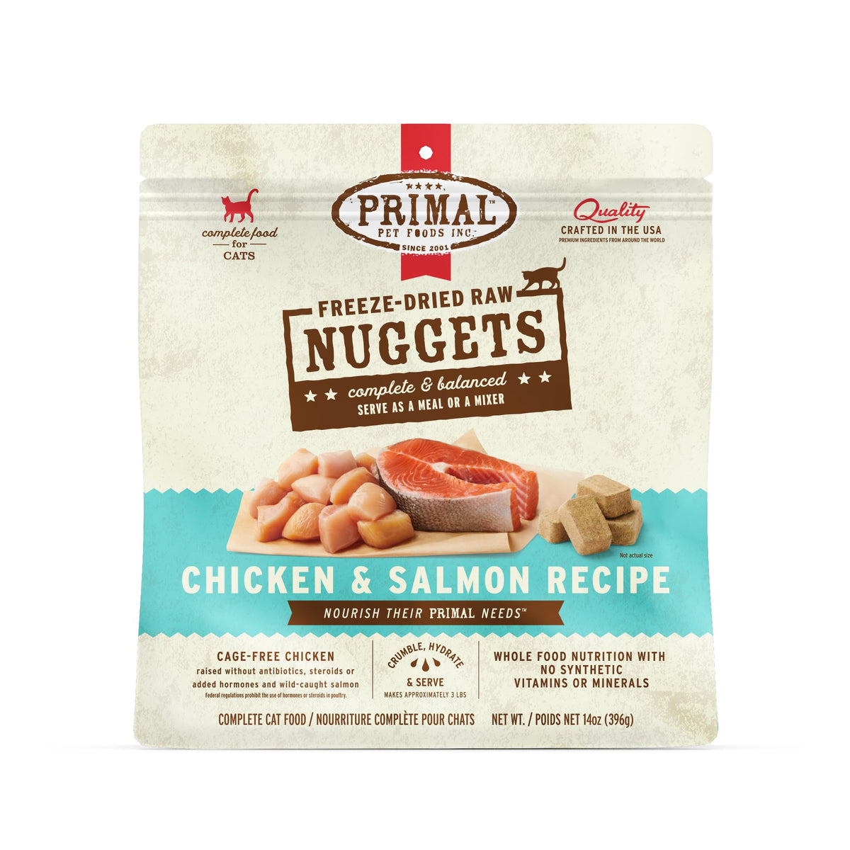 Primal bocaditos crudos para gatos, enfoque pollo y salmón, sabor y proteína altas