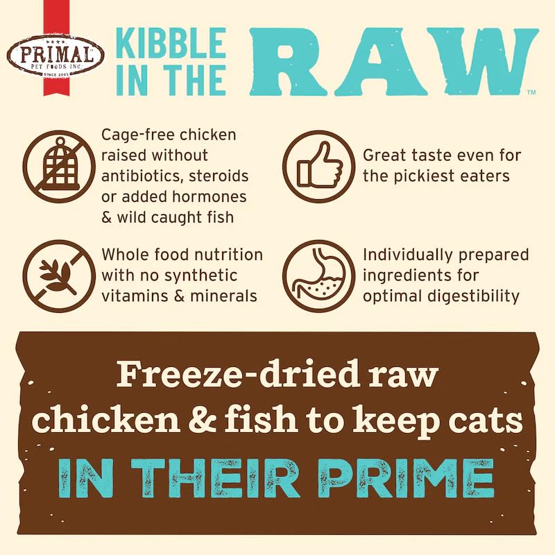 Primal Kibble En Crudo, digestión suave, sin alérgenos comunes.