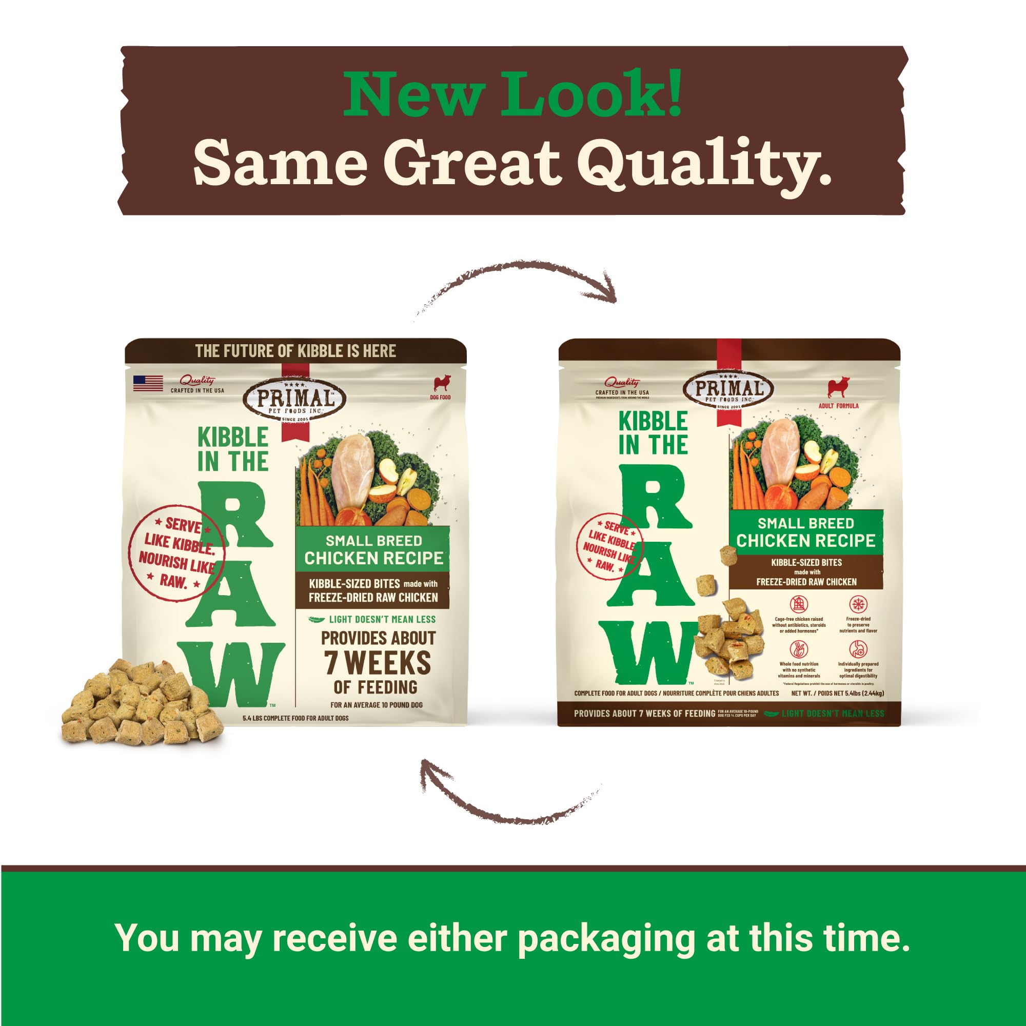 Primal Kibble en Crudo: tamaño pequeño ideal para razas pequeñas.