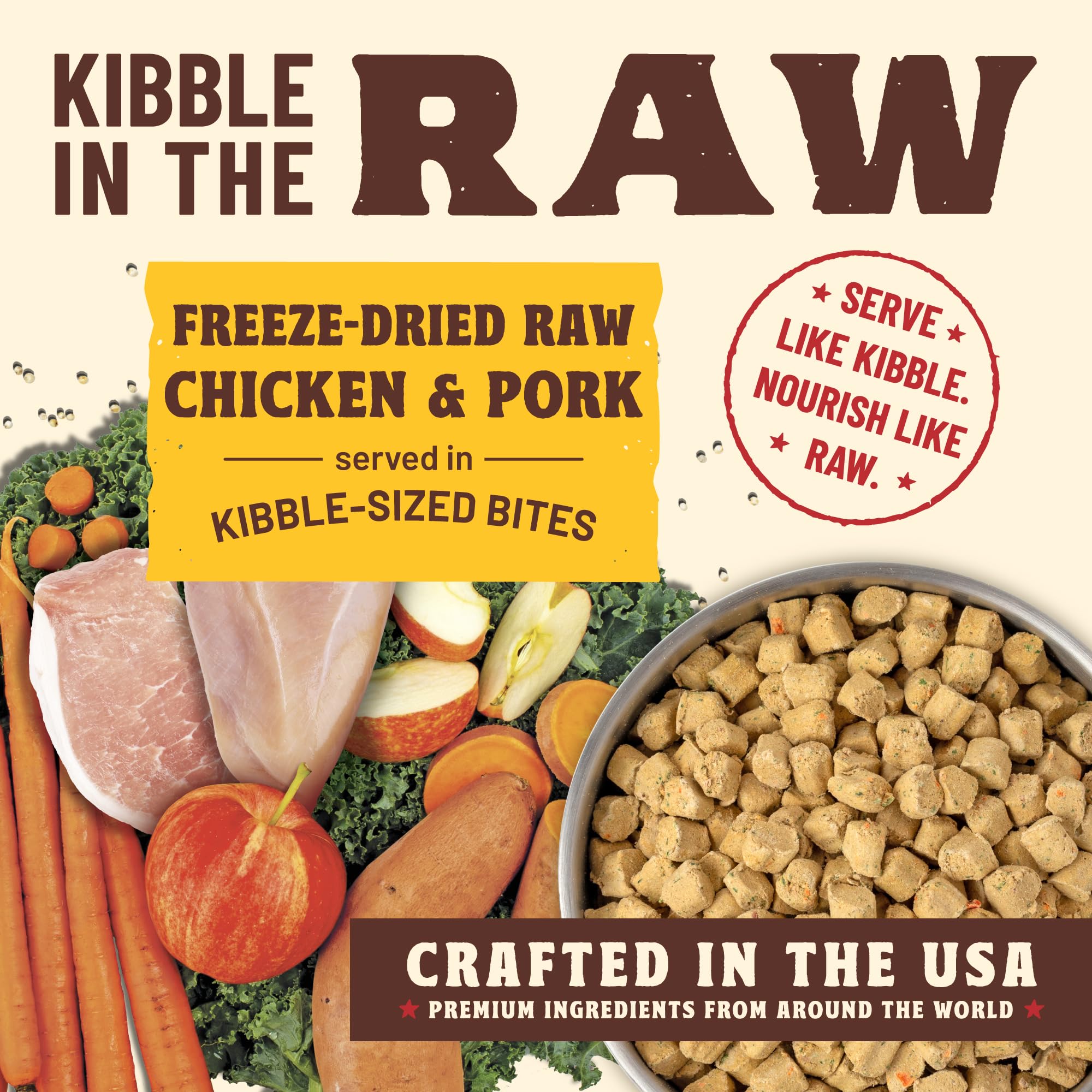 Primal Kibble en la Cruda, ingredientes reales: sabor natural y nutrientes preservados.
