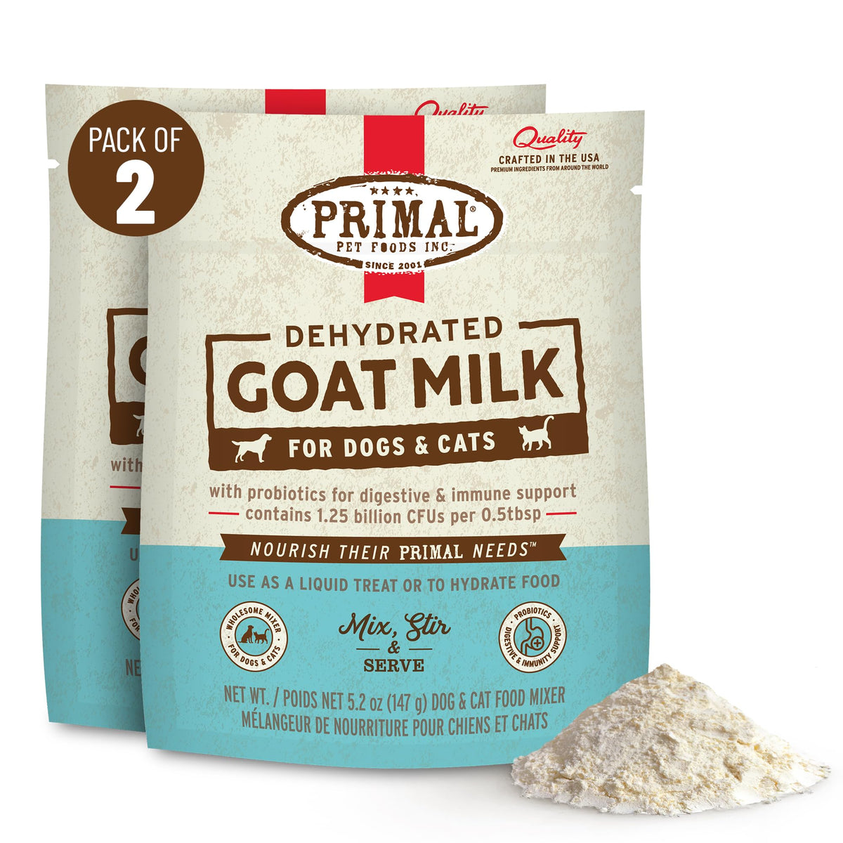 Primal Goat Milk Powder en botella, facilita la hidratación diaria de mascotas.