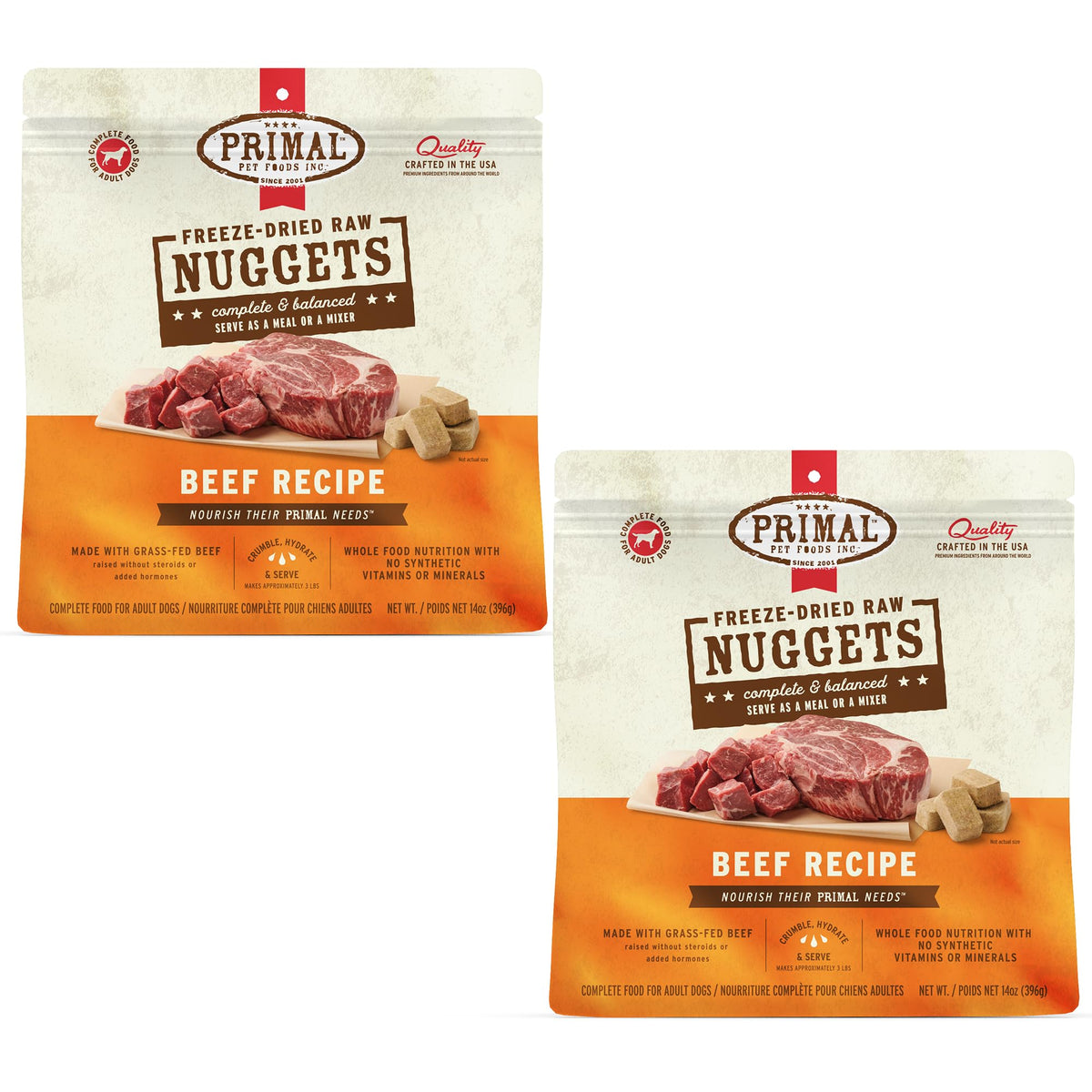 Primal Nuggets carne res liofilizada para perros, crujientes y sabrosas.