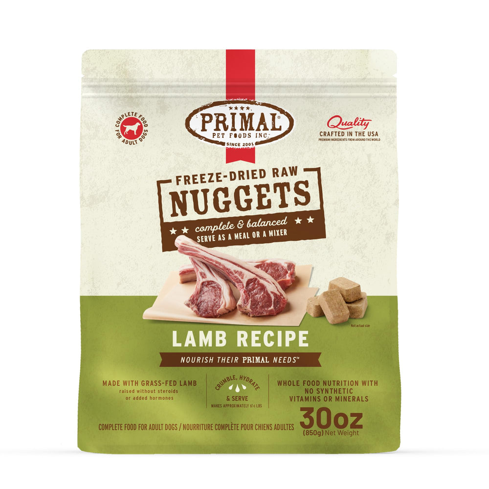 Primal Pet Foods Nuggets de cordero liofilizados, vista frontal, comida completa.