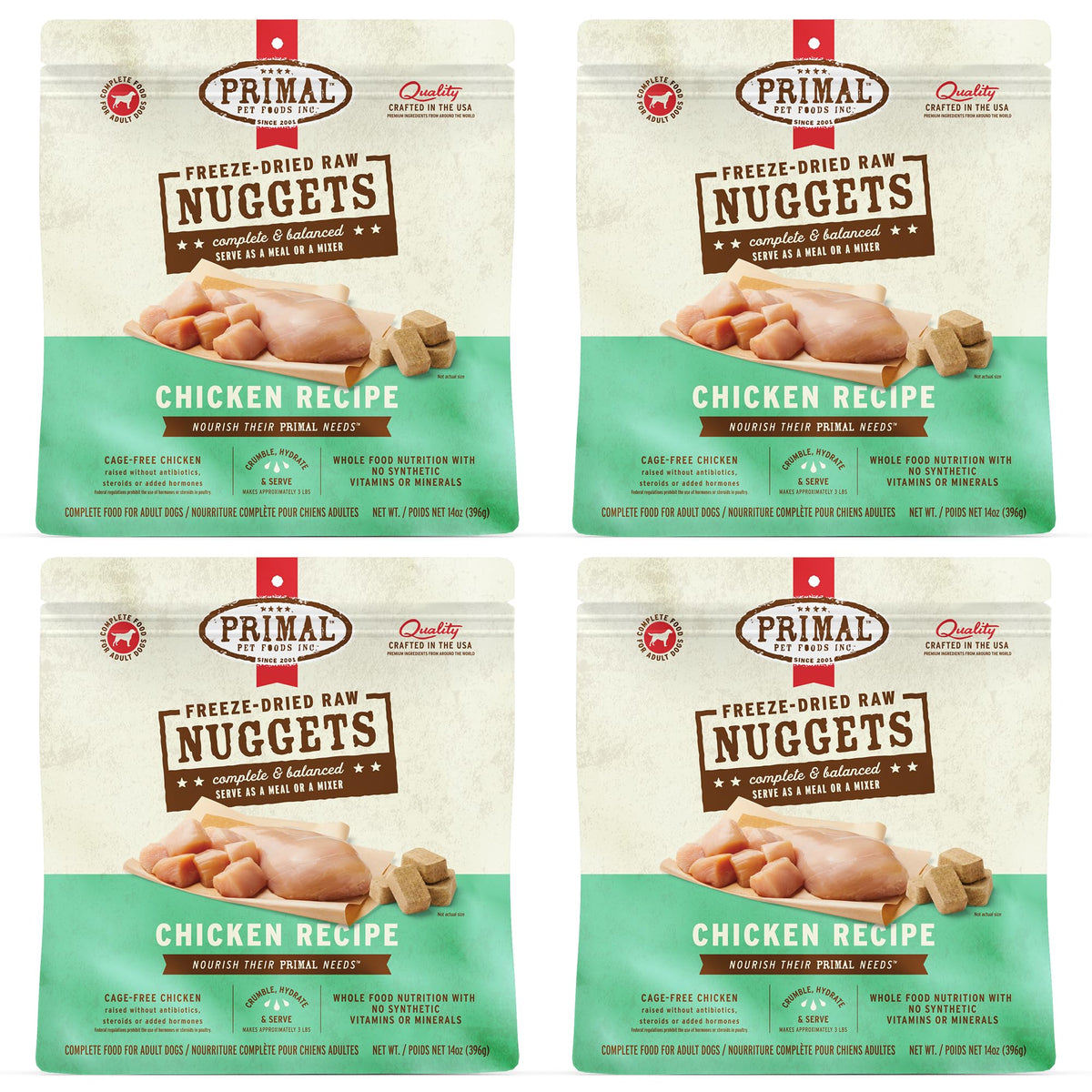 Primal Nuggets deshidratados de pollo, comida completa lista para servir.