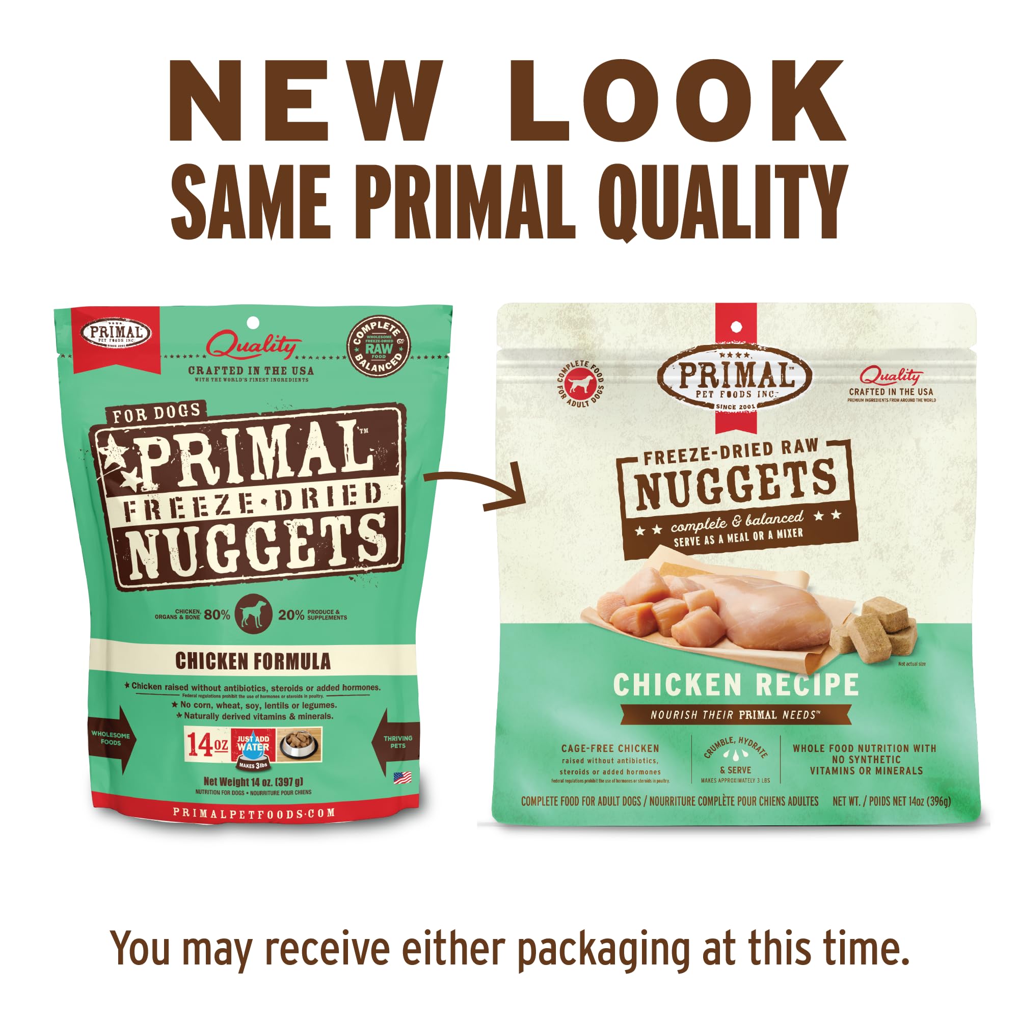 Primal Nuggets ingredientes orgánicos: pollo y vegetales certificados para dieta natural.