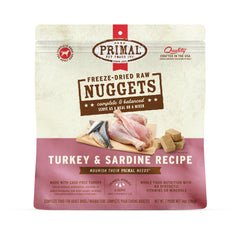 Primal Nuggets pavo y sardina en bolsa, ideal para consumo diario.