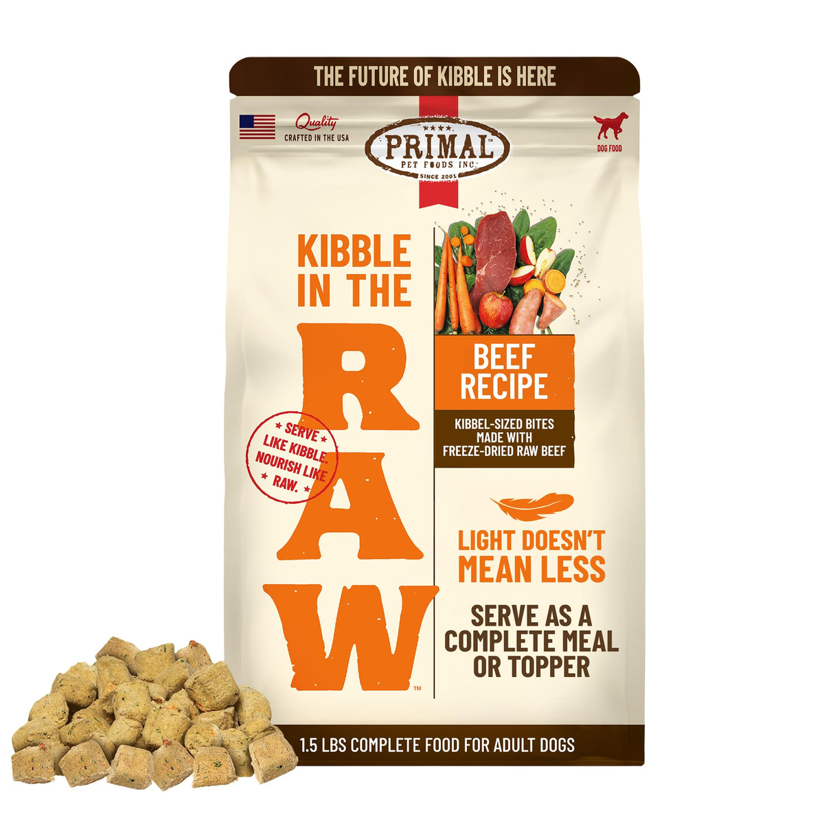 Primal Pet Foods, bolsa de 1,5 libras, kibble crudo para conveniencia diaria.