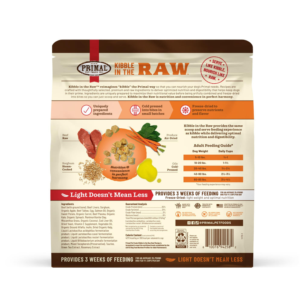 Primal Pet Foods Kibble en la Cruda, digestión suave gracias a ingredientes simples.