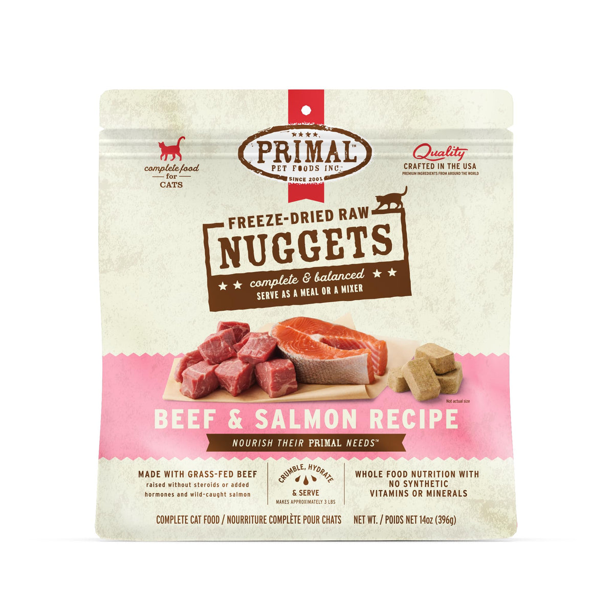 Primal Pet Foods nuggets carne-salmon completo para dieta equilibrada y sabrosa.