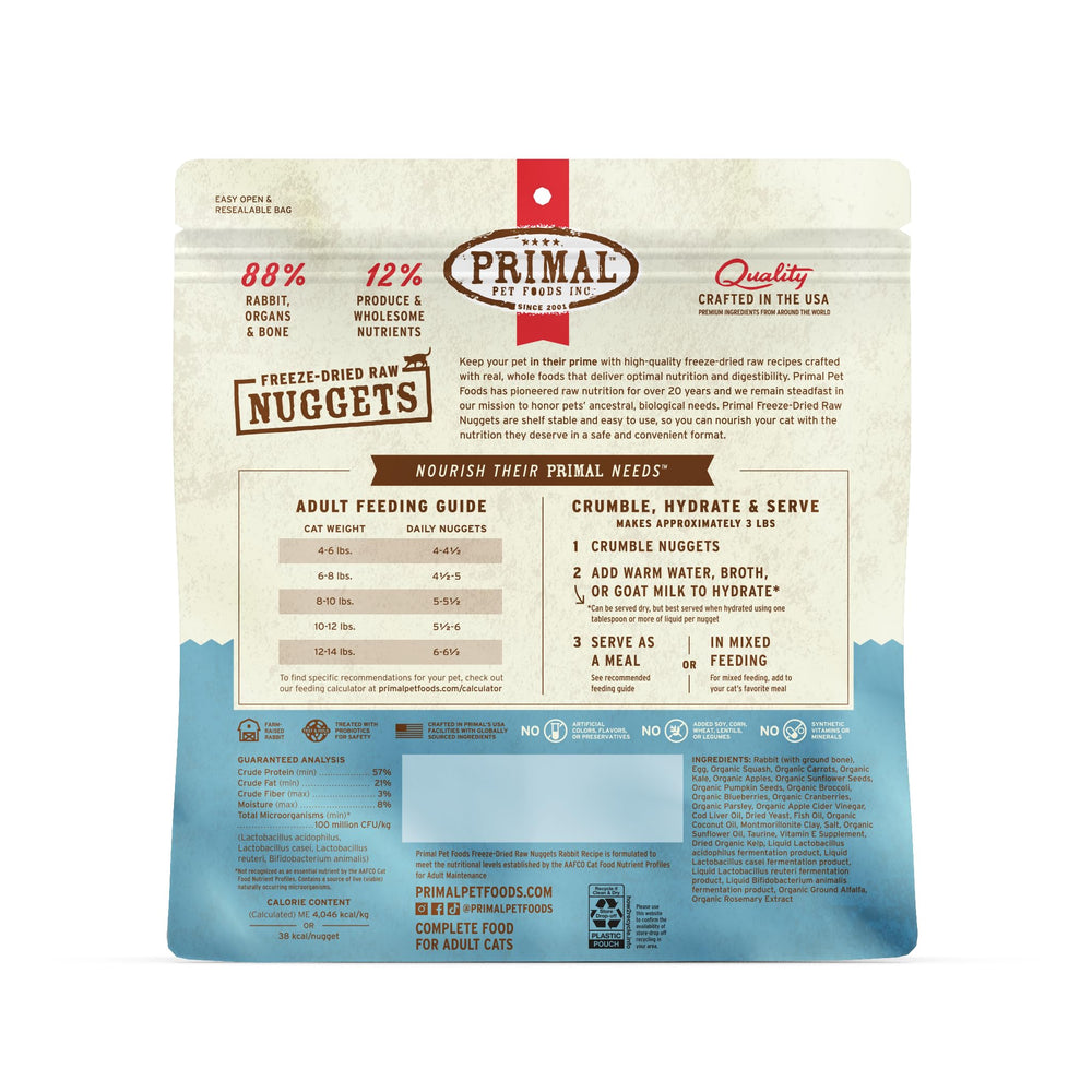 Primal Pet Foods nuggets conejo deshidratado en frío, perfecto para adultos felinos