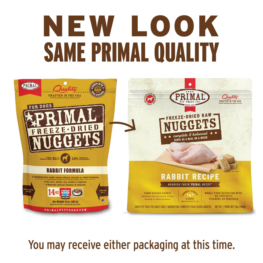 Primal Pet Foods nuggets conejo rehidratados listos para servir.