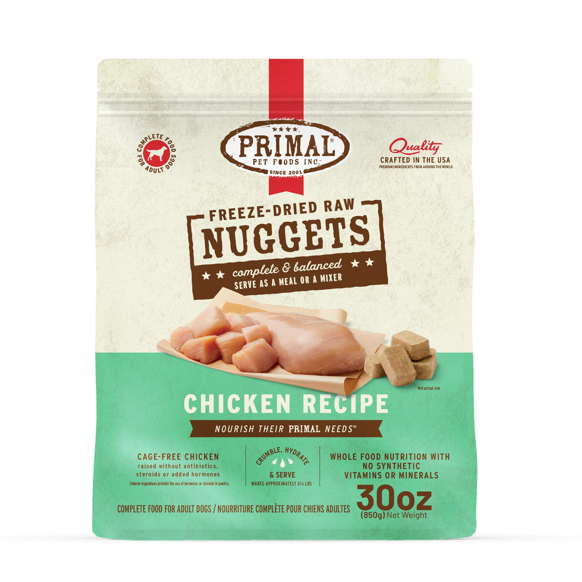 Primal Pet Foods bocaditos de pollo deshidratados para comida completa.