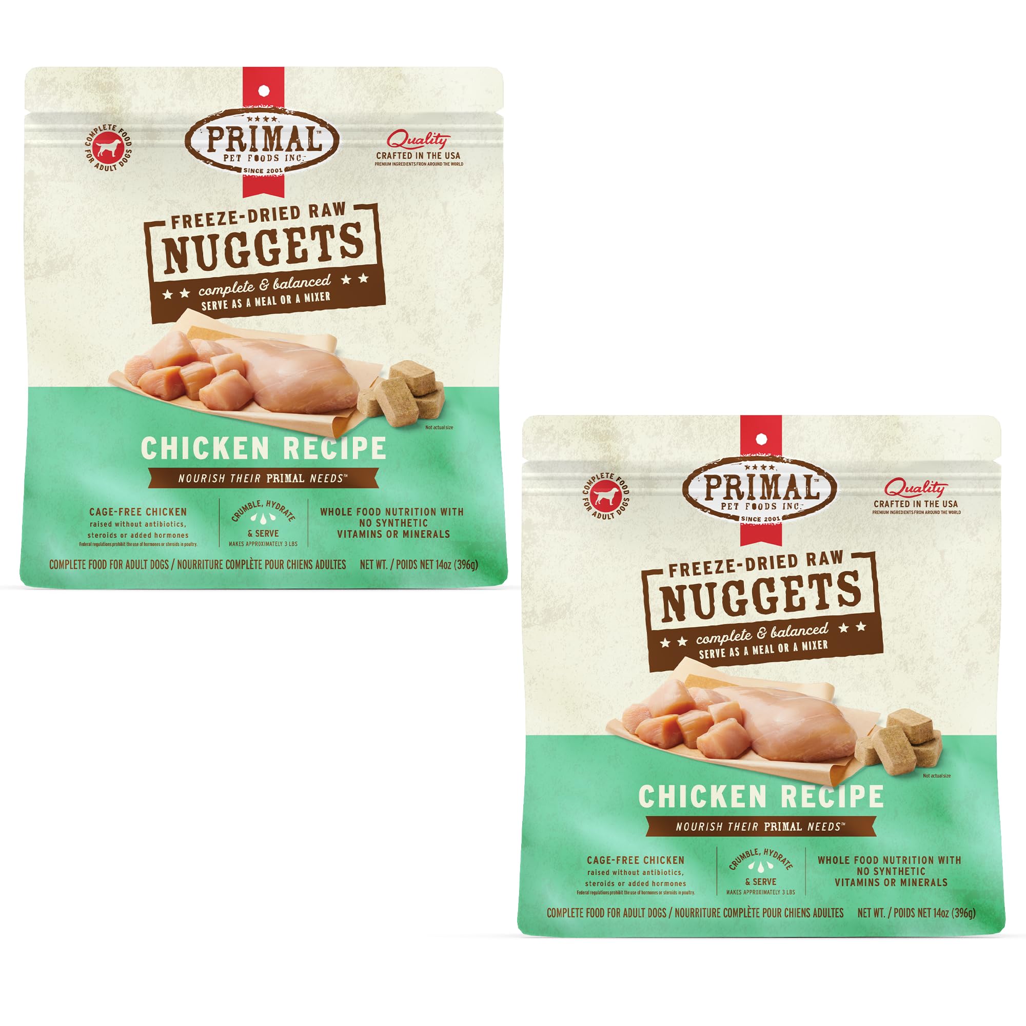 Primal Pet Foods Nuggets de pollo en empaque, opción conveniente para comidas completas.