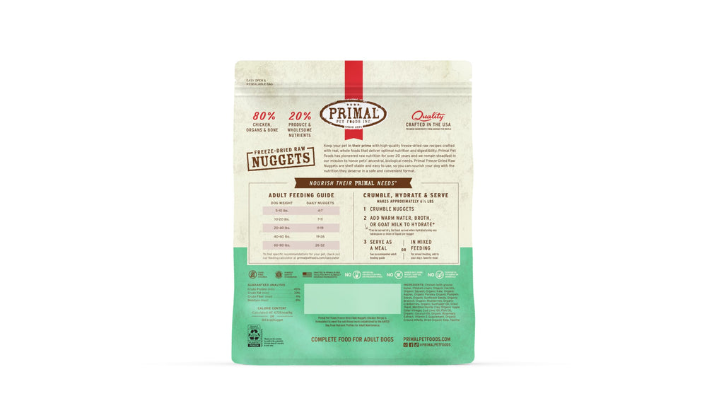 Primal Pet Foods bocaditos de pollo para consumo diario, fácil de medir.