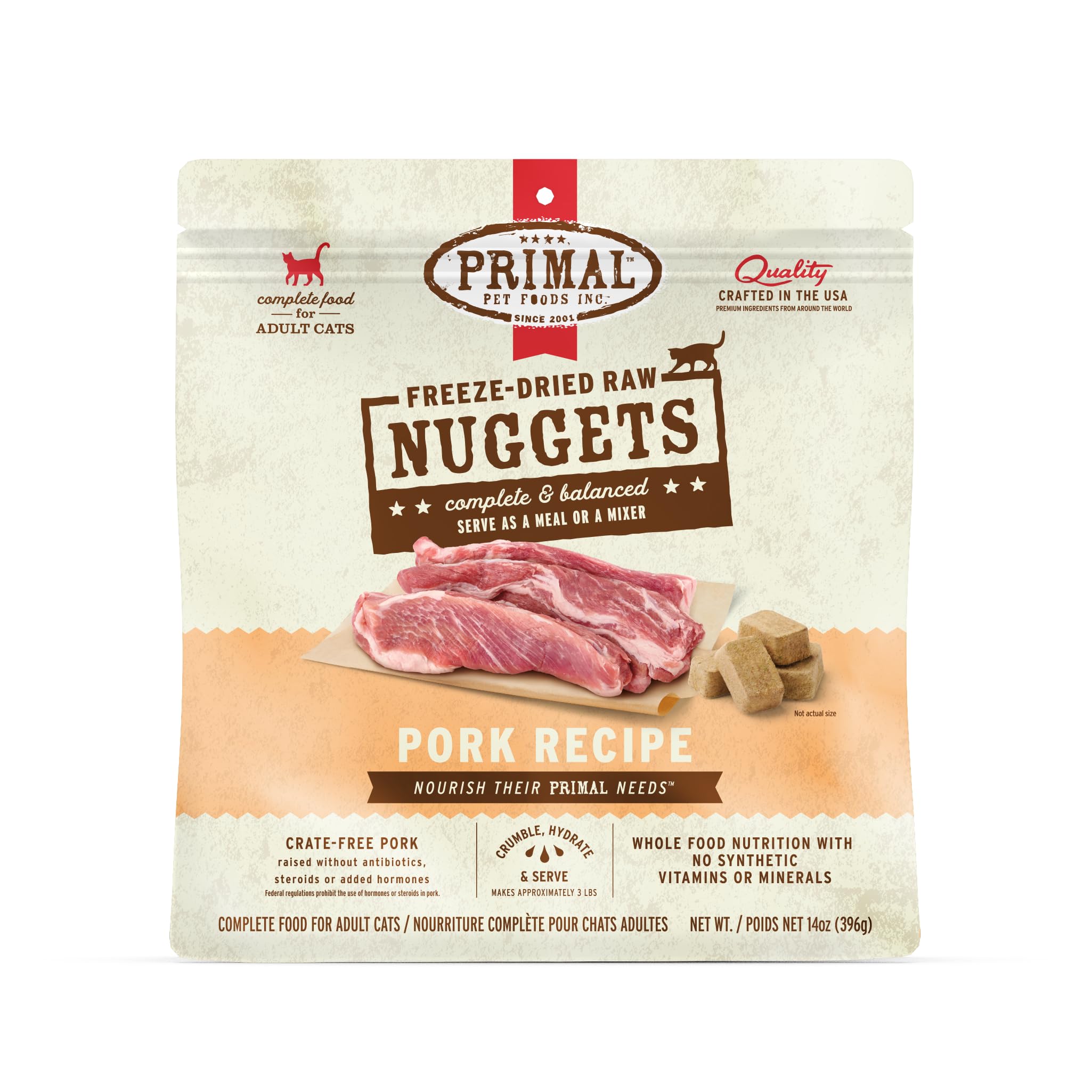 Primal Pet Foods, paquete de trozos liofilizados de cerdo, opción premium para dieta balanceada.