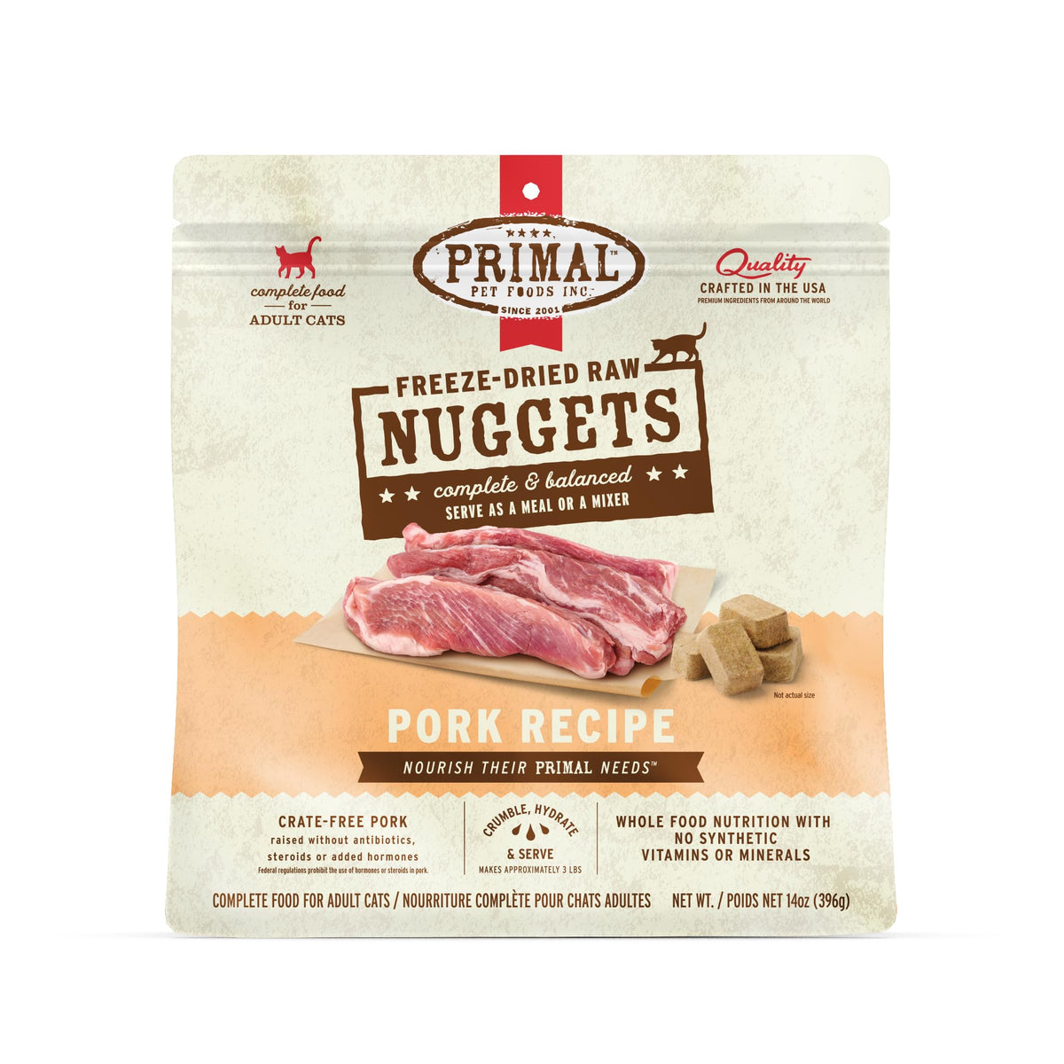 Primal Pet Foods, paquete de trozos liofilizados de cerdo, opción premium para dieta balanceada.