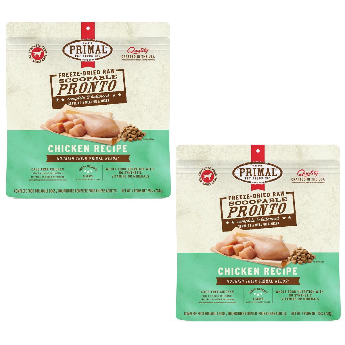 Primal Pet Foods Pronto Mini Nuggets pollo, presentación lista para servir como comida completa.