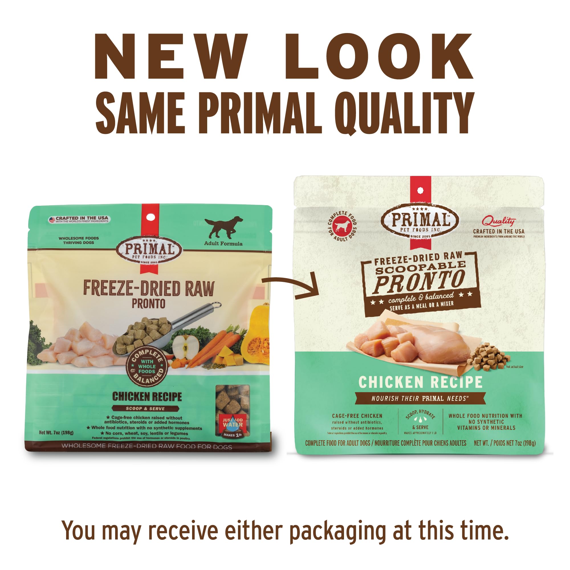 Primal Pet Foods Pronto Mini Nuggets pollo, topper sabroso para enriquecer la comida diaria.