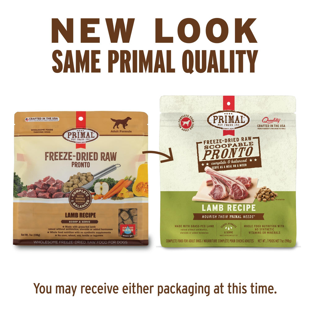 Primal Pet Foods Pronto Mini Nuggets, servir en taza, porciones fáciles de medir.