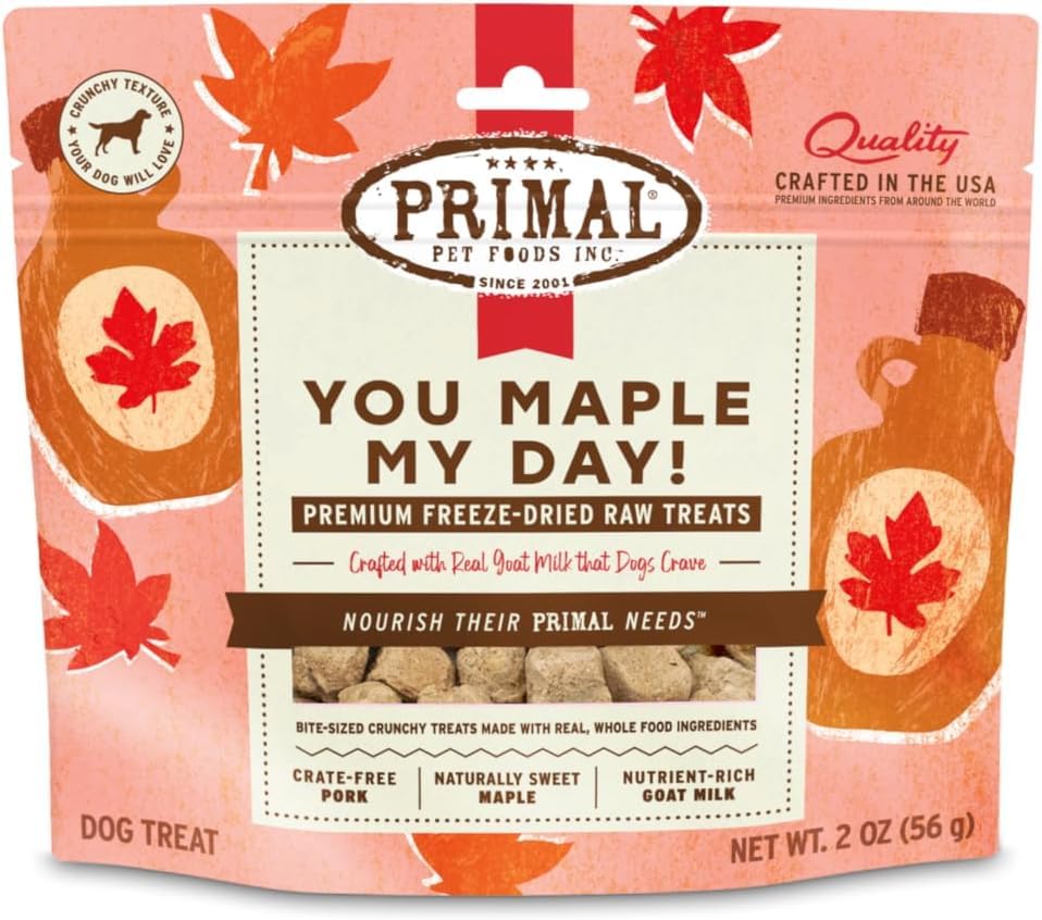 Primal Pet Foods trozos cerdo-maple leche cabra: snack sabroso para perros activos.