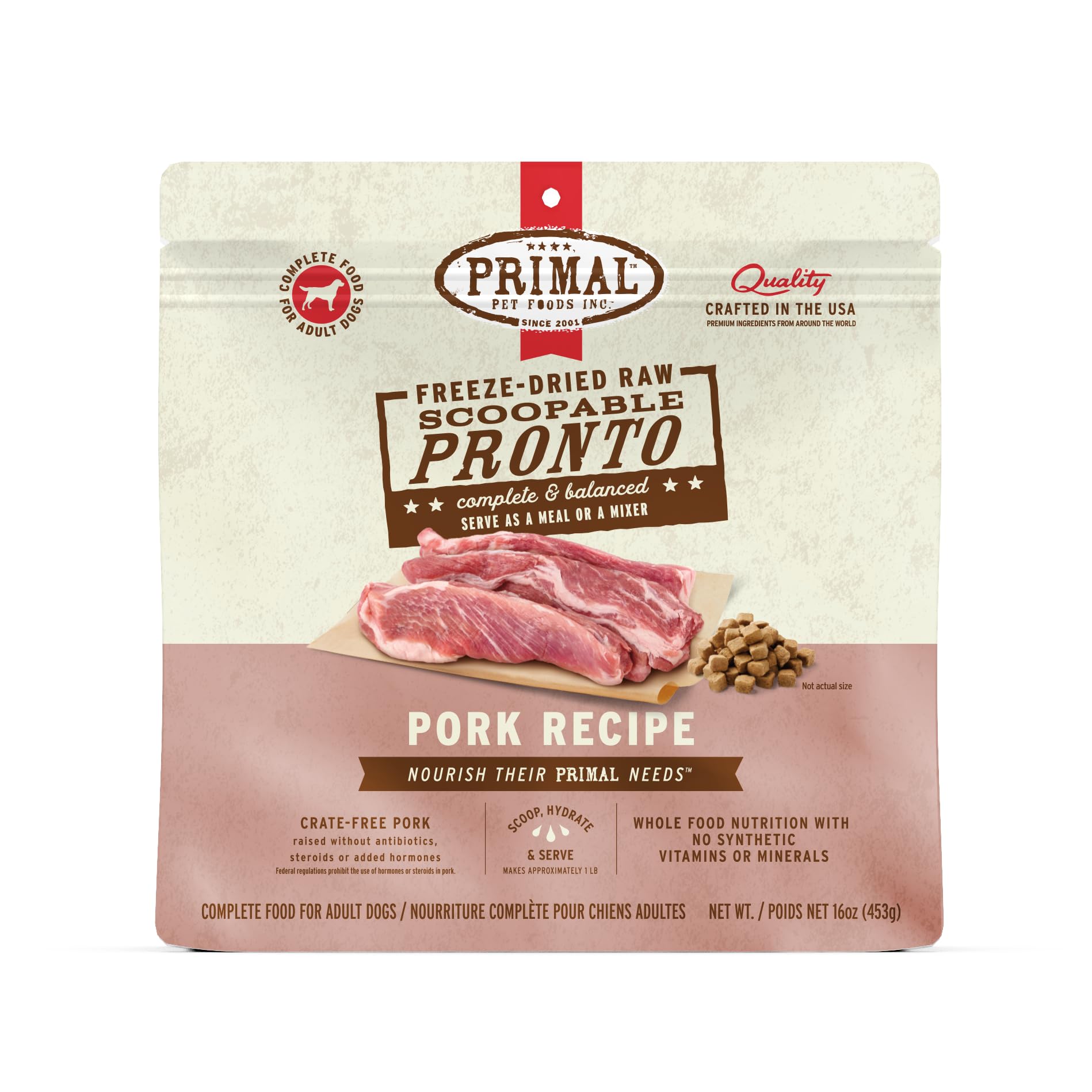 Primal Pronto Mini Nuggets cerdo-frío-secado en cuenco, aporta proteína alta para perros.