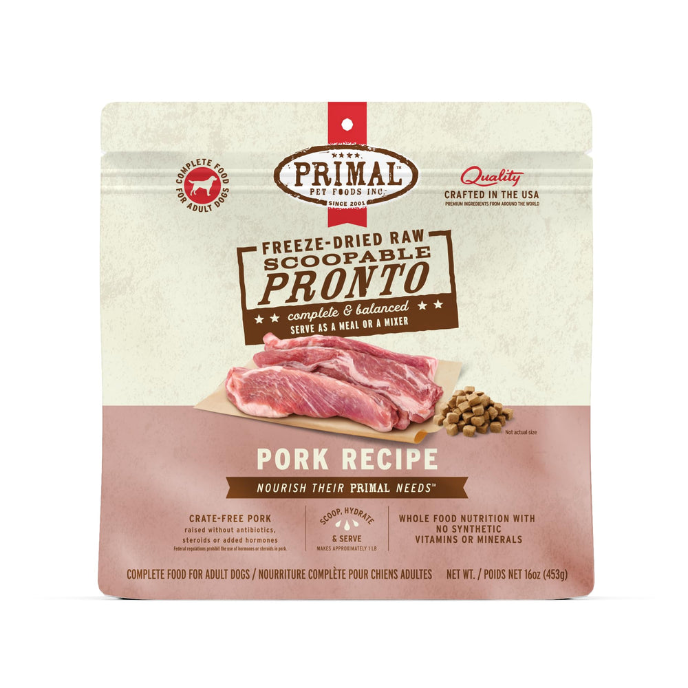 Primal Pronto Mini Nuggets cerdo-frío-secado en cuenco, aporta proteína alta para perros.