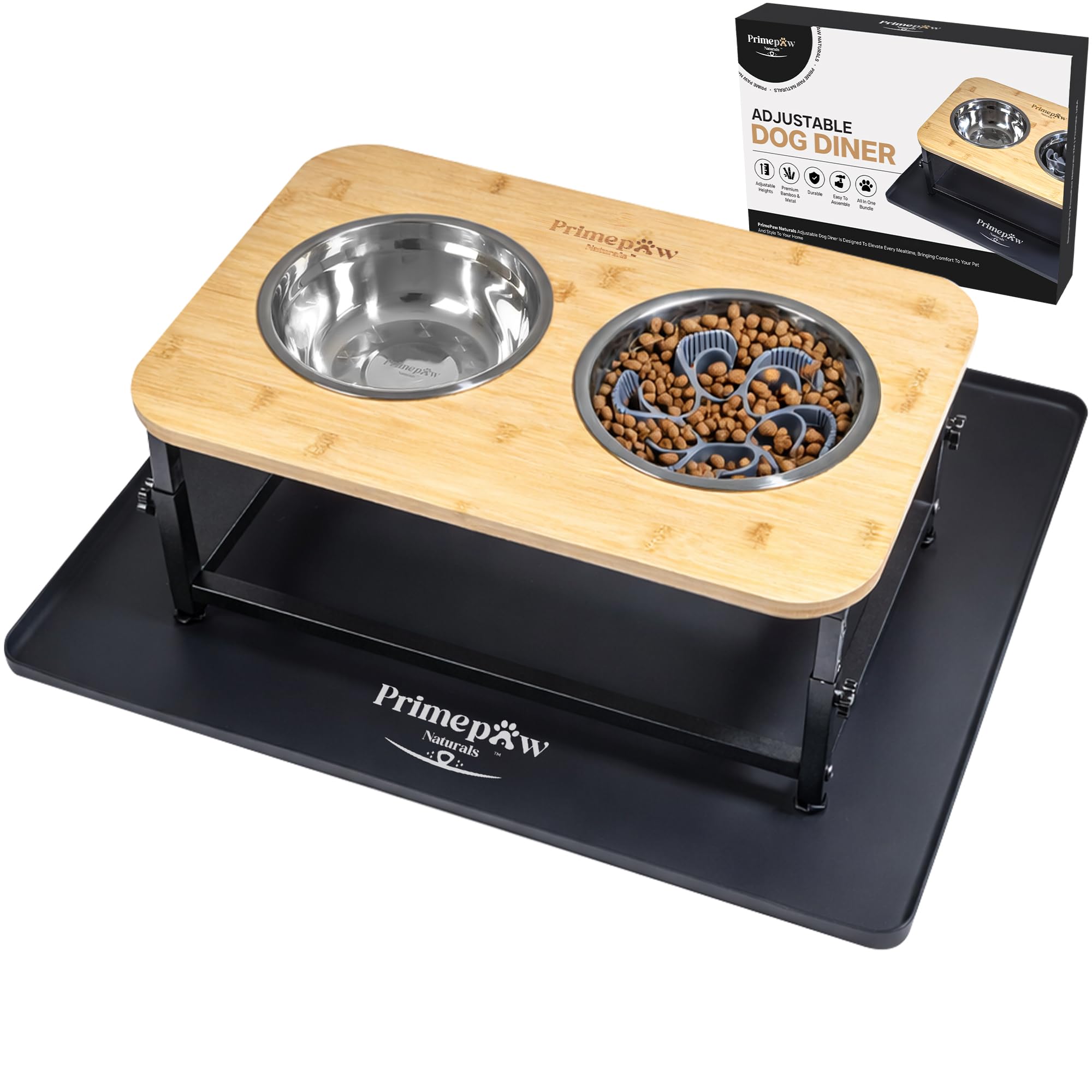 PrimePaw Naturals base bambú ajustable para favorecer una postura ergonómica al comer.