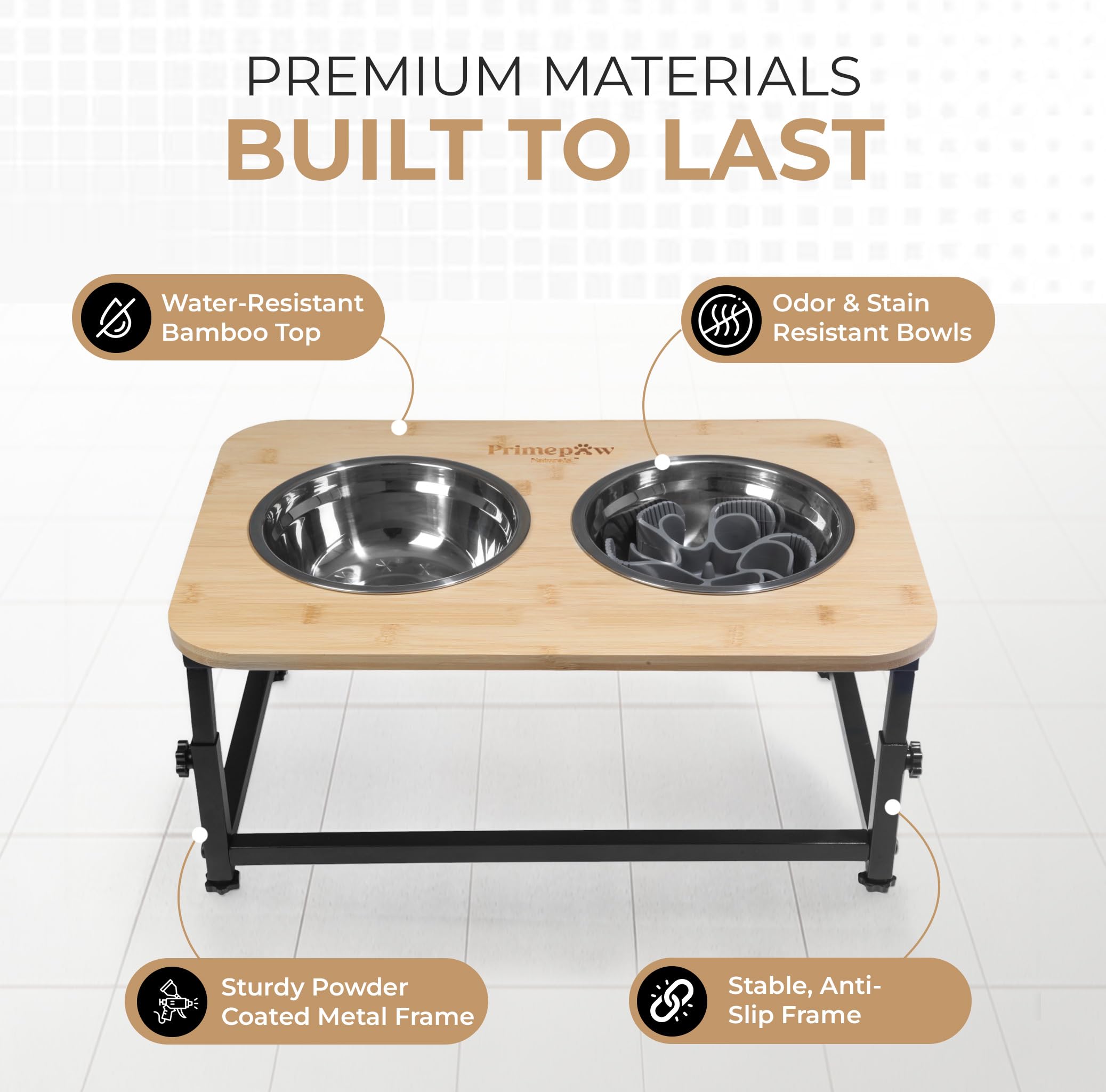 PrimePaw Naturals tres alturas ajustables permiten adaptar la altura de comida.