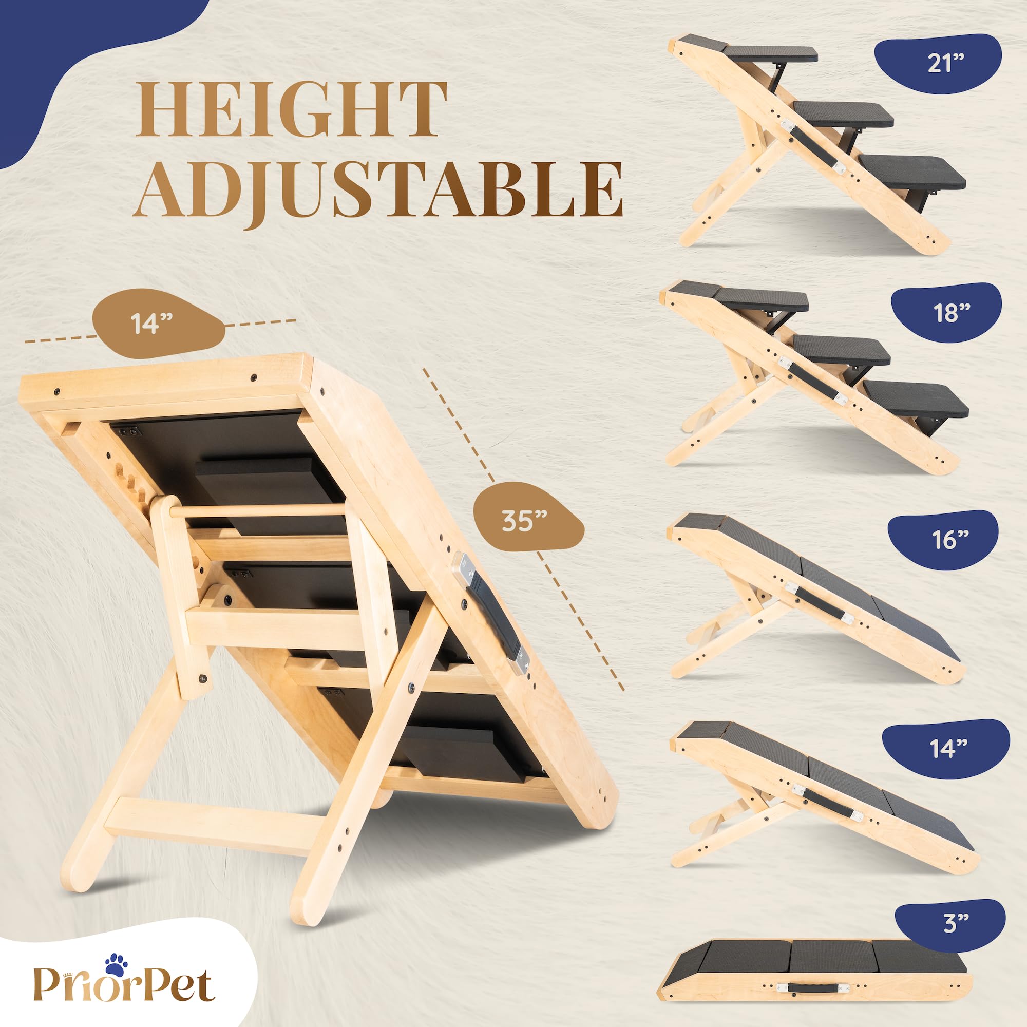 Priorpet rampa de abedul natural, diseño elegante y estable para perros.
