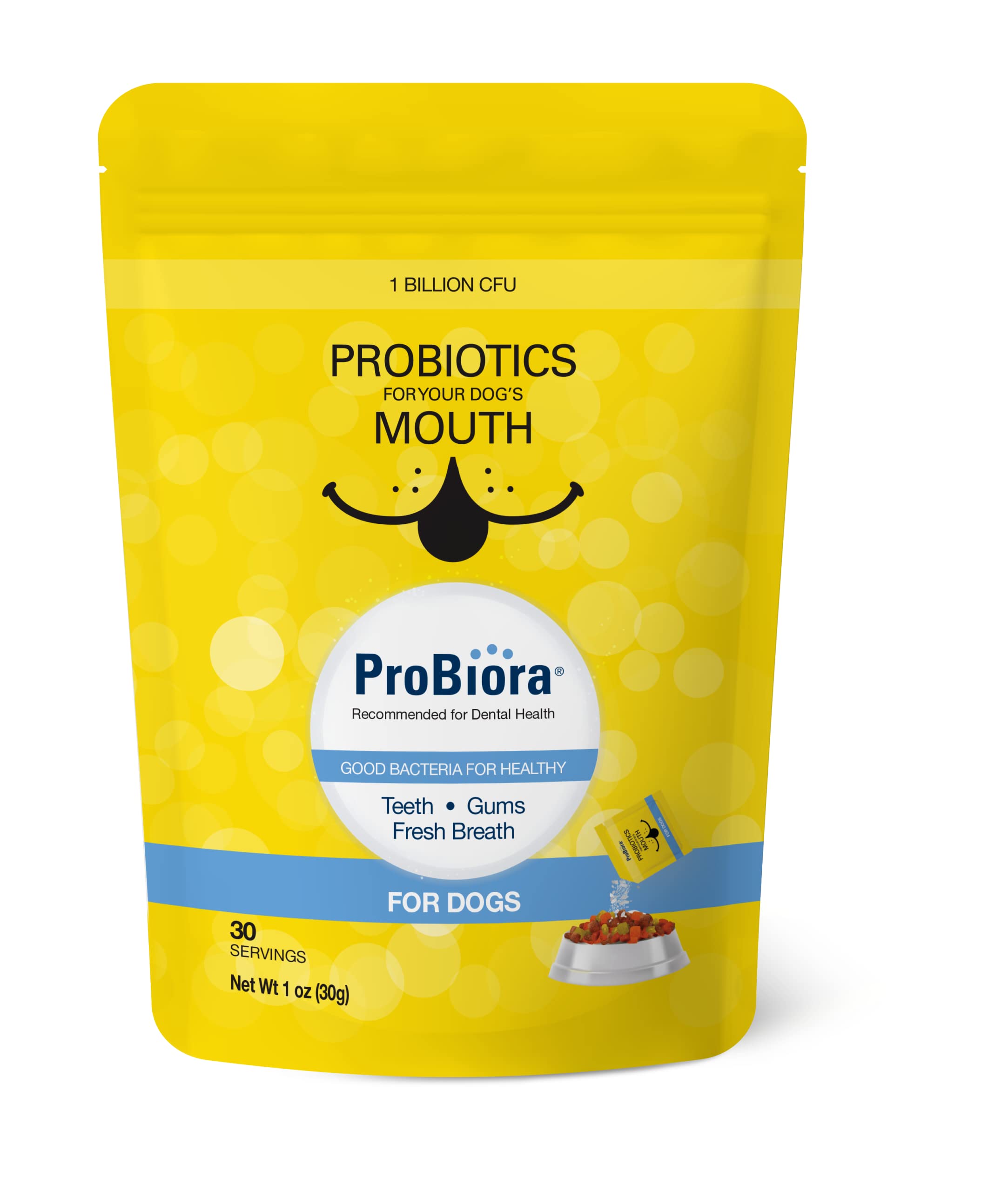 Probiora para perros: polvo sobre comida para apoyar la salud bucal.