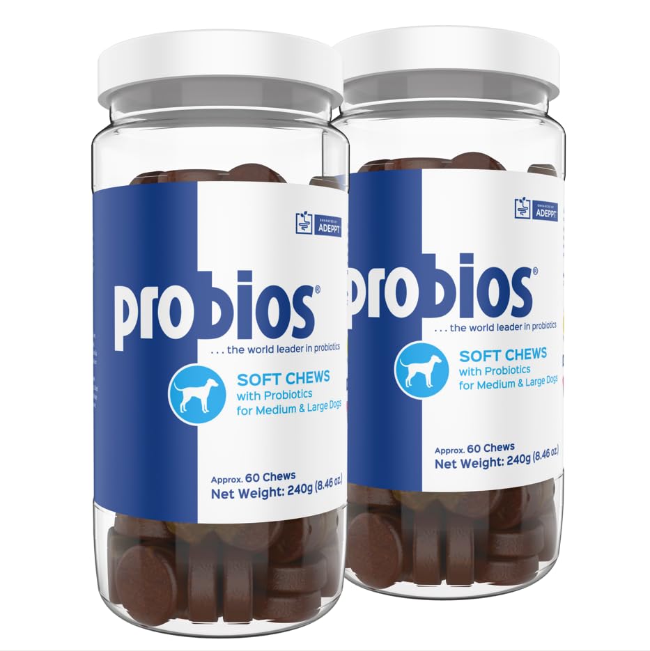 Probios para perros, envase práctico con bocaditos suaves para uso diario.