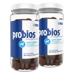 Probios para perros, envase práctico con bocaditos suaves para uso diario.