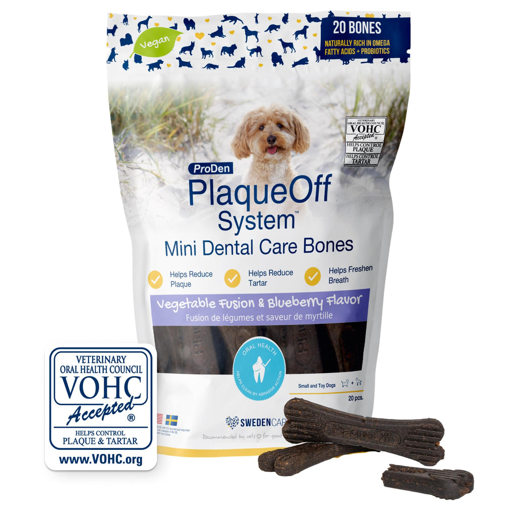 ProDen Plaque Off Mini, envase visible, higiene bucal para mascotas