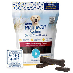 ProDen PlaqueOff Bones con sabor pavo-arándano, envase frontal para higiene dental diaria del perro