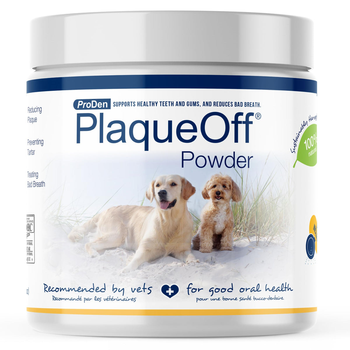 ProDen PlaqueOff bote 420 g para cuidado dental diario de perros y gatos.